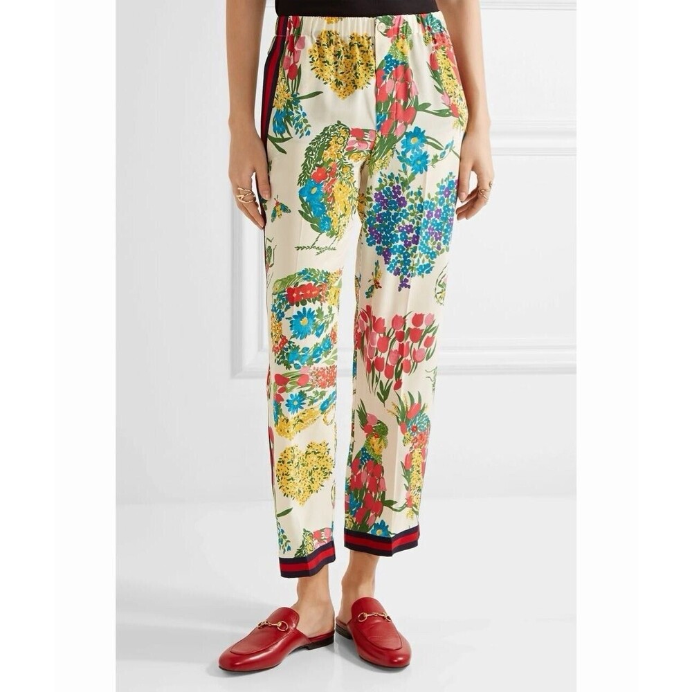 Gucci Grosgrain Trimmed Printed Silk Straight Leg Pant Ivory IT 44 US 8 Floral